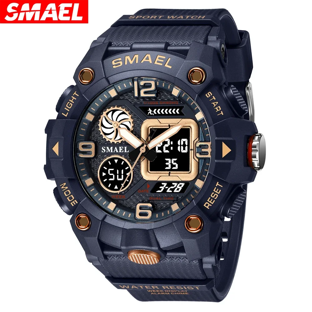 SMAEL Sport Chronograph Stopwatch Wrist Watches for Men Dual Display Waterproof Multi-Functional Digital Quartz Wristwatch Male