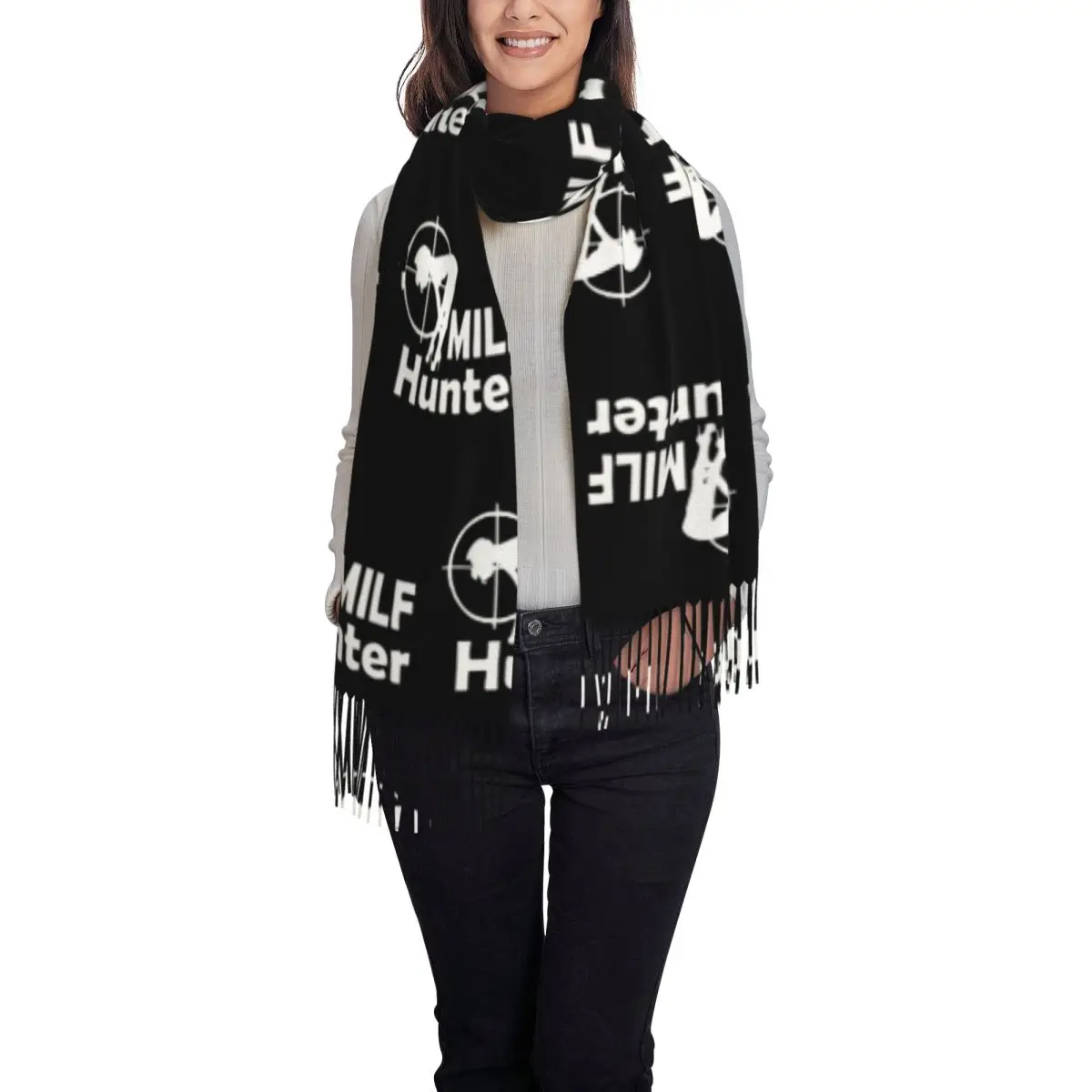 Customized Ladies Large Funny Milf Hunter Adult Humor Joke Scarves Women Winter Soft Warm Tassel Shawl Wraps Scarf