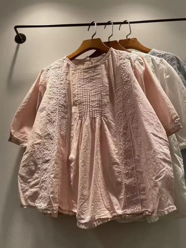 

Fashion youth women's blouses 100% cotton white pink blue lace embroidery solid shirts summer short sleeve blouses