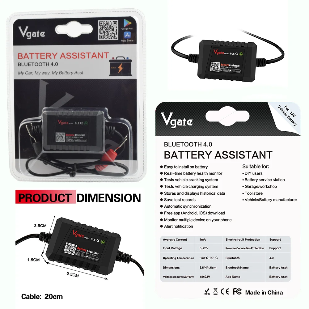 Vgate BA100 Car Battery Tester Car Battery Assistant 12V Monitor Bluetooth 4.0 Work with iOS & Android Battery helper