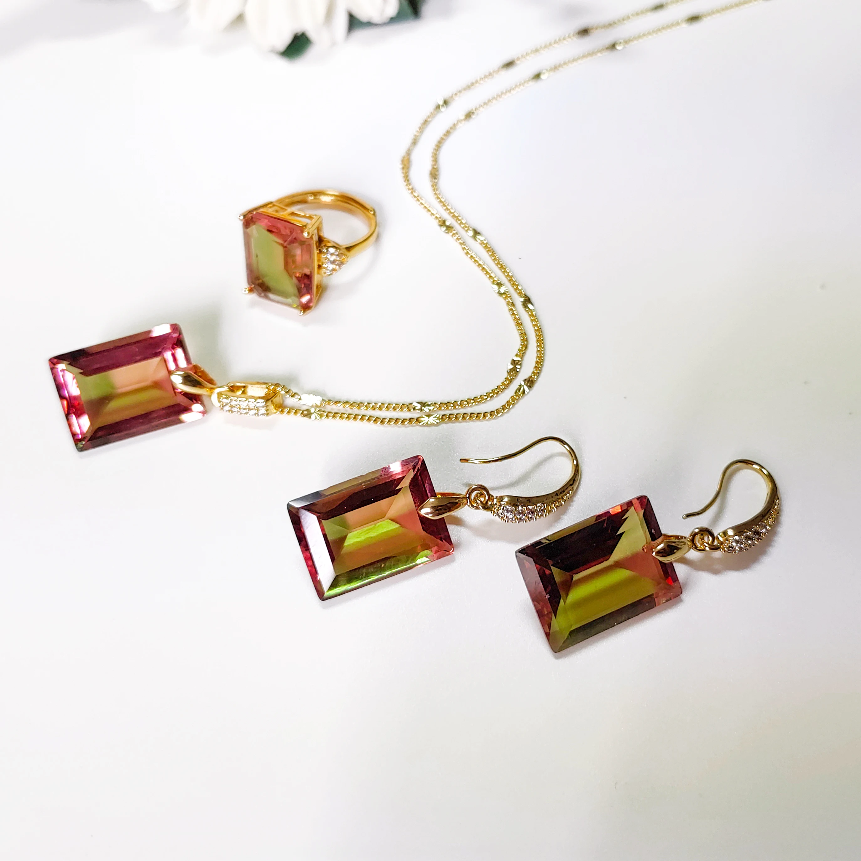 Color-change Sultanite Rectangular stone adjustable ring earrings necklace Jewelry Set for women change color in different light