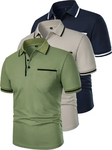 New Men's Short Sleeve Polo Shirts Solid Color Casual T-shirt Summer Trendy Breathable Loose Basic Splice Top Pockets Men Shirts