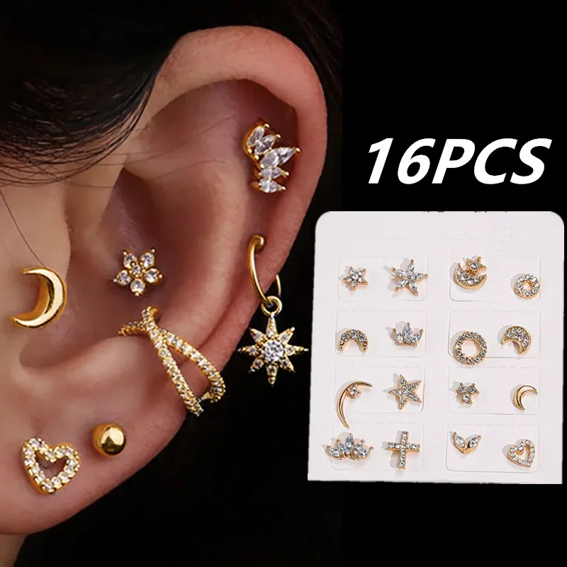 16PCS Heart Tragus Stud Earrings Set Moon Helix Piercing Cartilage Earring Pack Cute Stud Earrings For Girl Teens Lobe Earrings