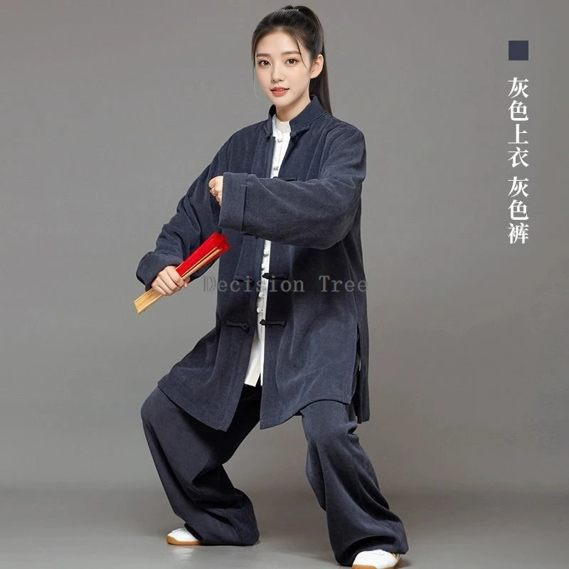 2024 autumn and winter chinese fashion cotton and linen tai chi set new thickened improved daily wushu clothing training suit