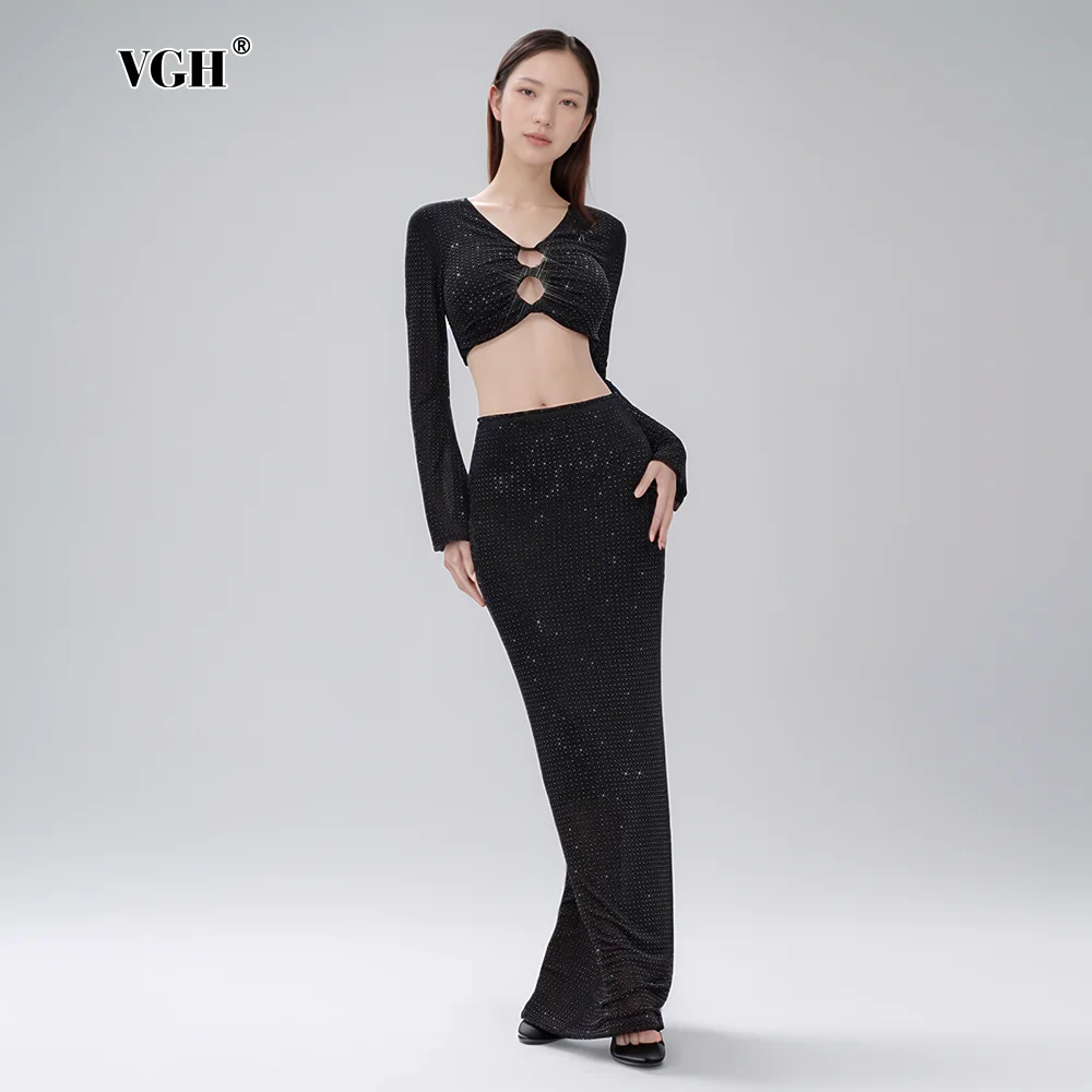 

VGH Solid Two Piece Sets For Women V Neck Long Sleeve Spliced Diamonds Tunic Top High Waist Long Minimalist Casual Set Female