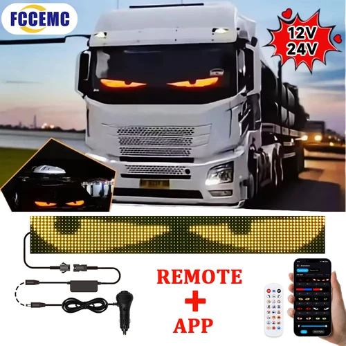 Nueva aplicación LED para camión, coche, luz de ojo del diablo, Control remoto de música, patrón de texto personalizado, pantalla de iluminación para tablero, parabrisas, 12V, 24V