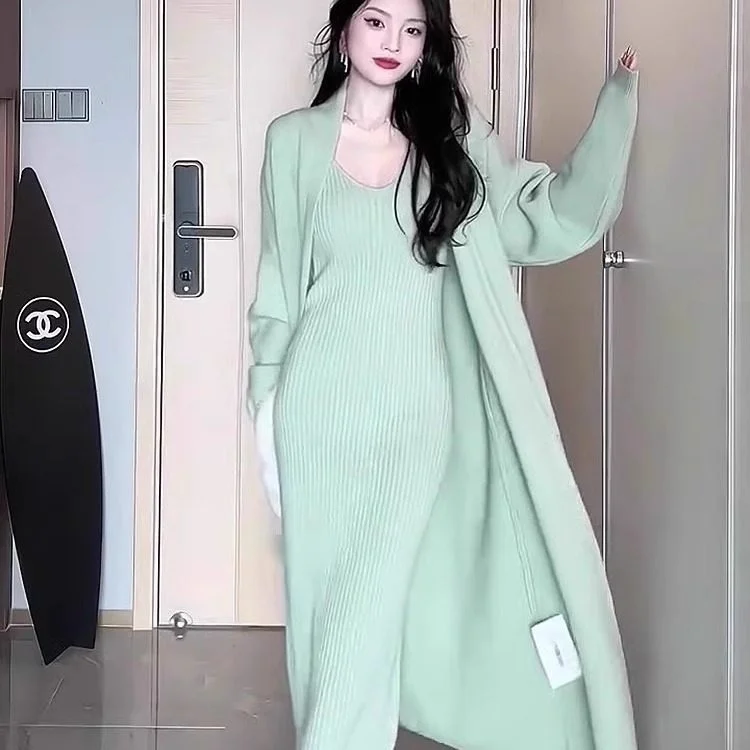 

Laid-ba Sle Knitted Dr And Cardigan Set Autumn Winter Two-Piece Suit Midi Length Lazy Faion Trend Outfit