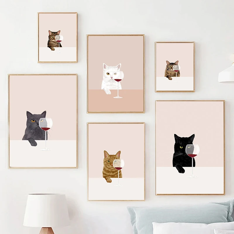 Minimalist Cute Cats With Wine Canvas Painting Kawaii Kitty Animal Wall Art Poster Print For Living Room Home Decor Cuadros