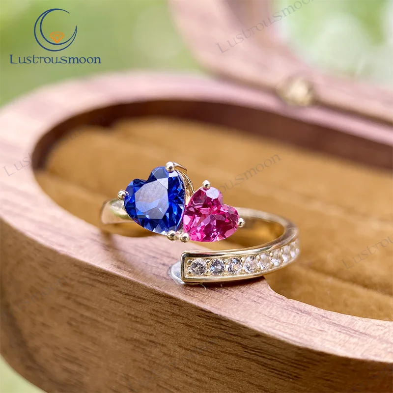 

Ювелирные кольца с двойным сердцем, выращенный в лаборатории драгоценный камень, цветной камень, романтическое обручальное кольцо 9K, розовое королевское синее кольцо, подарок для женщины на свадьбу