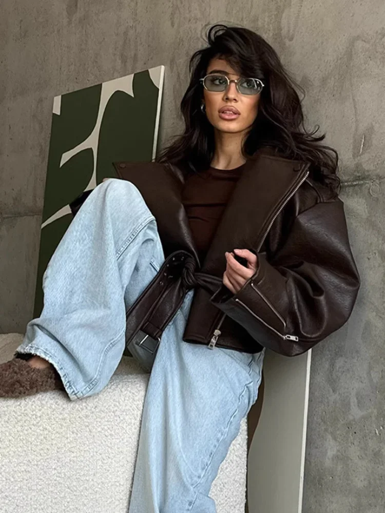 Vintage jednobarevný zip z kožené krátké bundy pro ženy elegantní límec s dlouhým rukávem šněrovací volný kabát podzimní denní highstreet svrchní oblečení - náhled 5