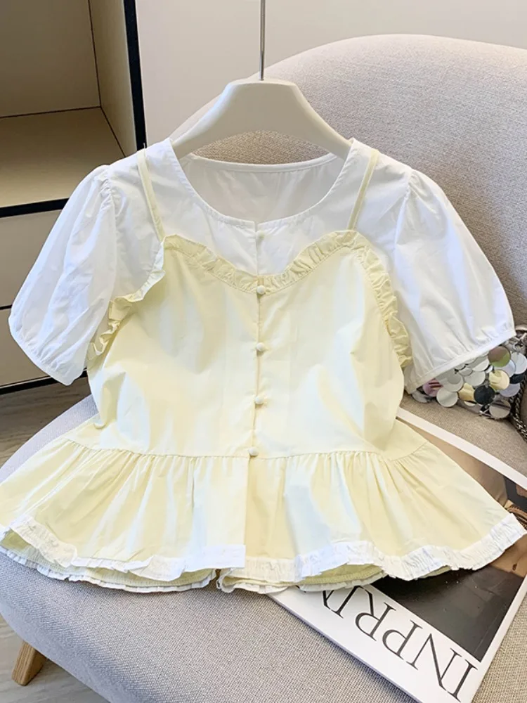 

Лимонно-желтая женская летняя блузка-халтер в корейском стиле с рукавами-фонариками, свободного кроя, скрывающая живот, молодежная, с эффектом укороченной длины