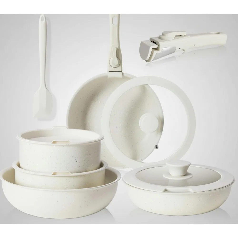 

12 Pcs Nonstick Cookware Set, Detachable Handle, Induction Safe Pots & Pans for RV Kitchen