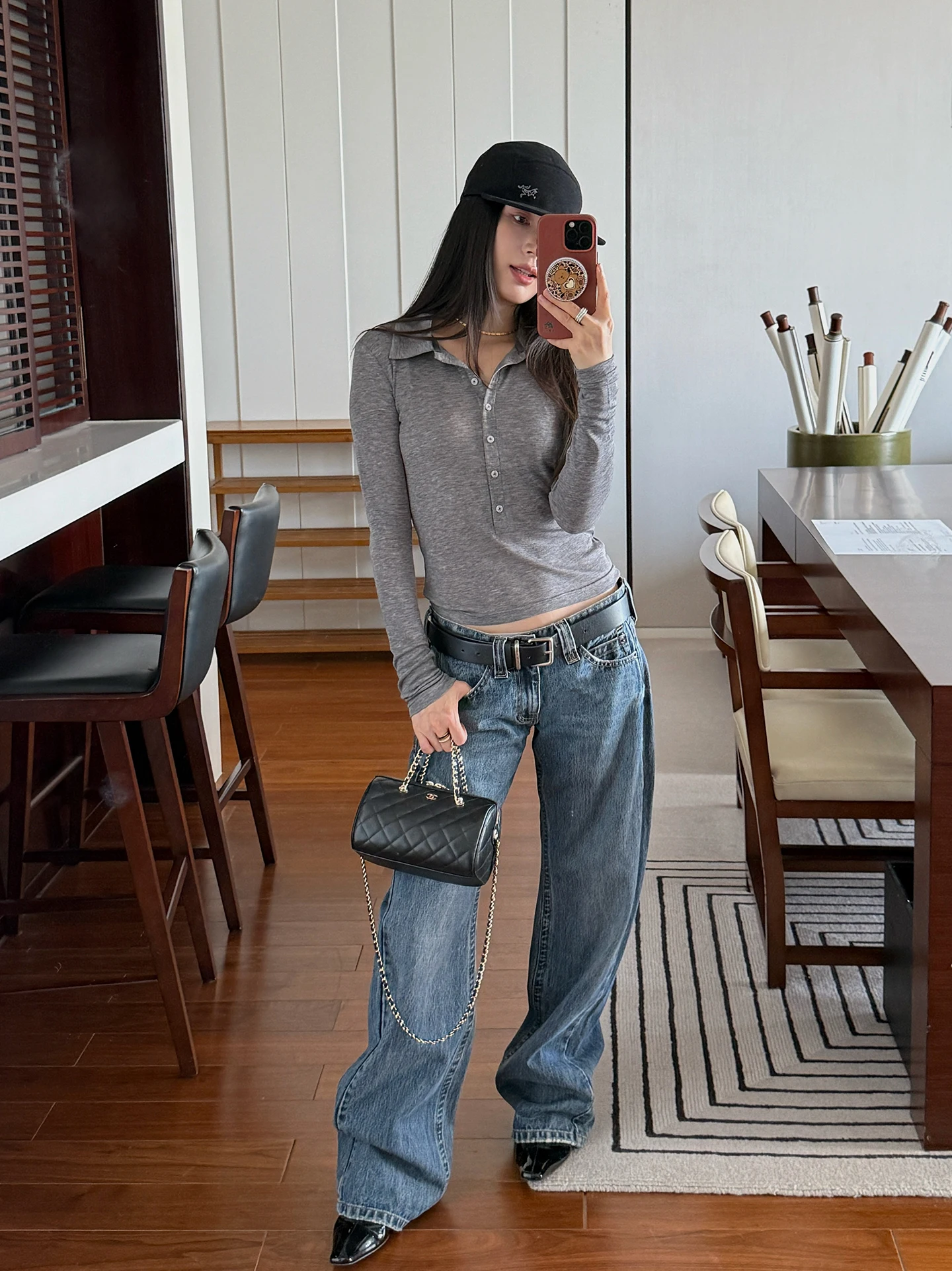 

Retro Blue Double Line Waistband Jeans Low Waist Cotton Stretch Zipper Closure Loose Fit Ladies Jeans for All Seasons