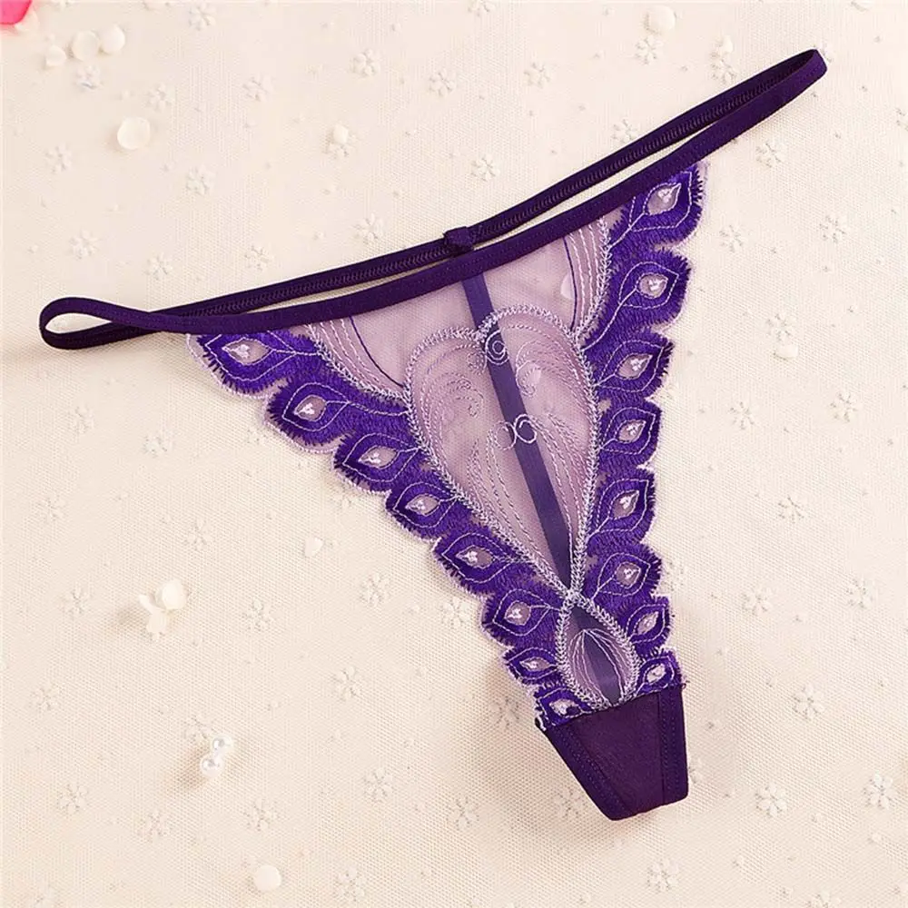 

Transparent Breathable Mid Waist Peacock Tail Women G-String Lace Panties Thong Mesh Underpants Intimates