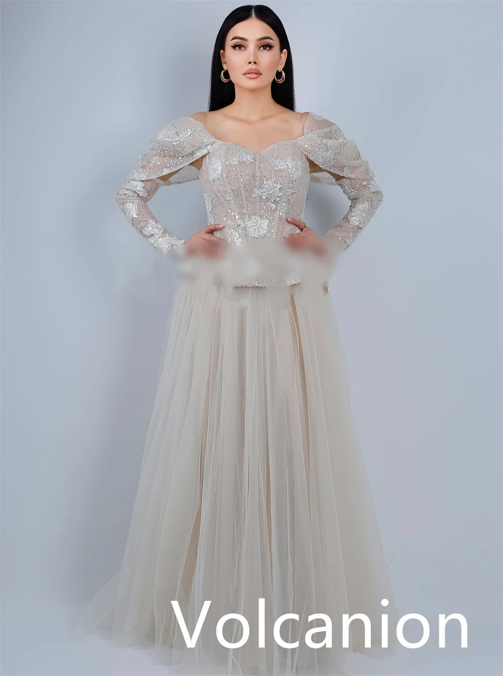 Op maat gemaakte glitter formele chiffon lovertjes plooi A-lijn off-the-shoulder lange jurken op maat gemaakte gelegenheid casual