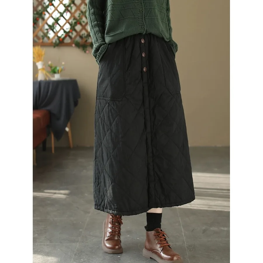 Saia Longa Fena Retrô de Aodão sso, Modelo Evasê Reto, com Estampa de Diamantes, Estilo Casual para o Dia a Dia, Efe...