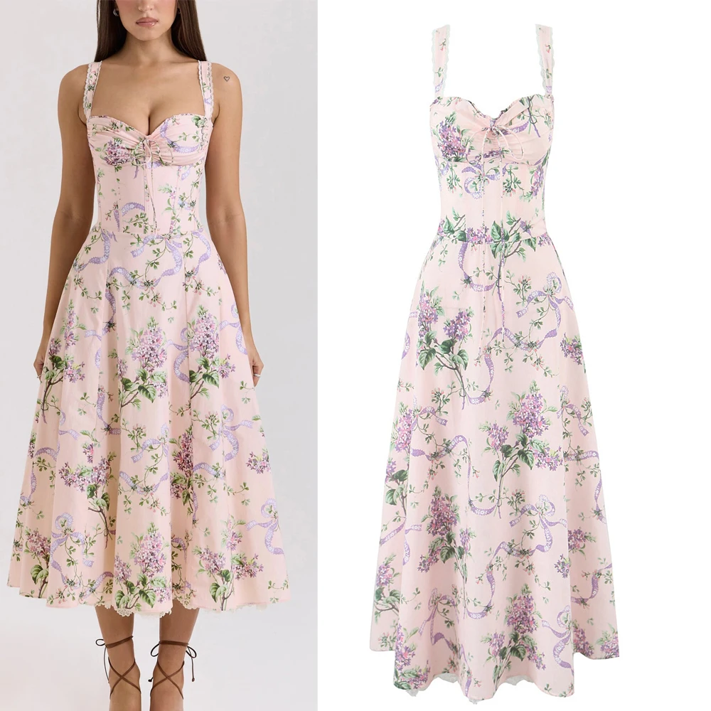 

Fashionable Elegant Women's Cotton Print Halter Dress H1470 Versatile Ins Style Spring Summer Sleeveless Gown for Ladies