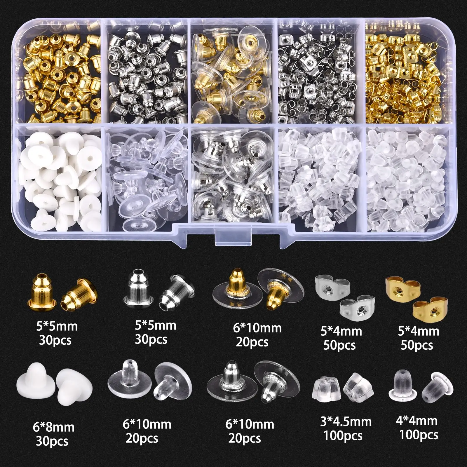 

DIY Jewelry Making Kit 10 Grids 450pcs Professional Earring Accessories 10-Style Plugs Backs Nuts for Earrings Craft Findings