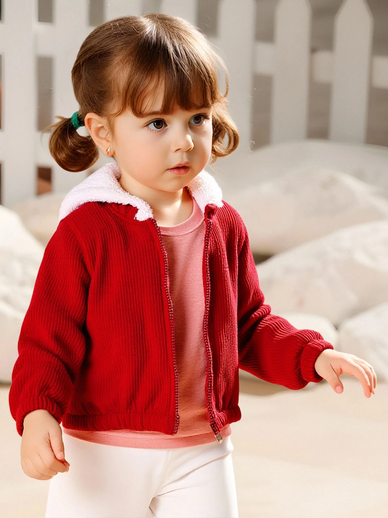 Baby Girl Casual Cute Corduroy Composite Plush Fabric Zipper Fully Open Thickened Hooded Long Sleeve Jacket Autumn and Winter