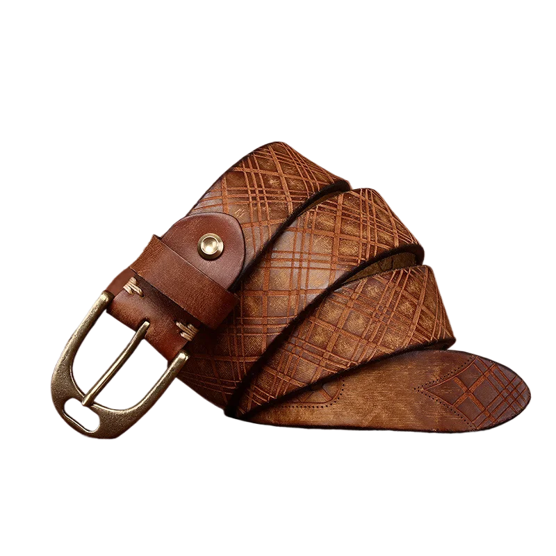 3.8cm thickened personality diamond embossed belt men's leather first layer cowhide retro casual belt