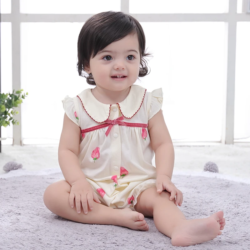 Pure cotton jumpsuit with flying sleeve for newborn baby girl, thin clothes for summer