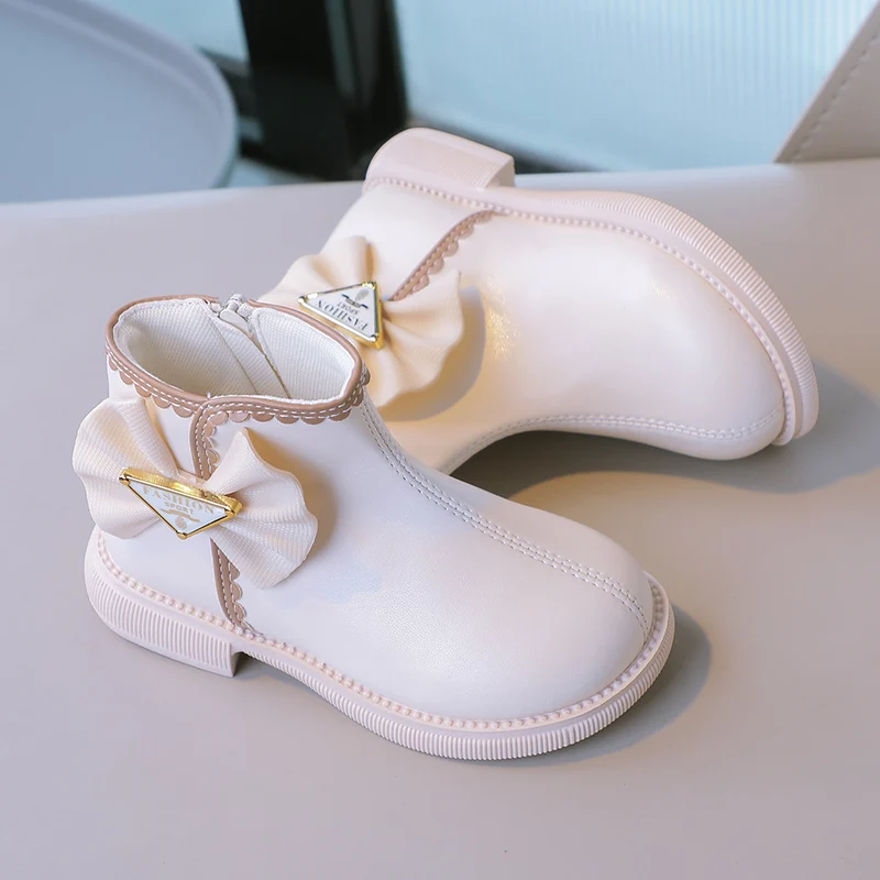 Low Top Bow Child Princess Boots Beige Black Girls Leather Shoes Child Pretty Leather Princess Shoes Beautiful Fashion Kids Boot