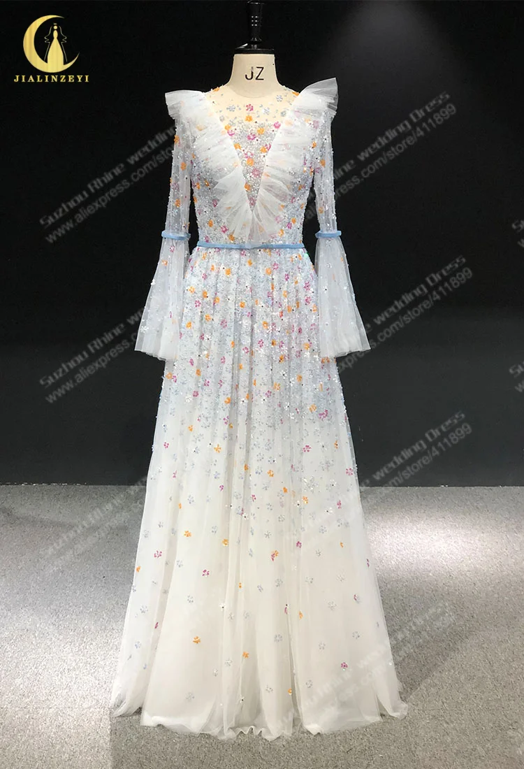 1713 Rhine Real picture long sleeves colorfull beads flowers floor length women evening dress long formal dresses