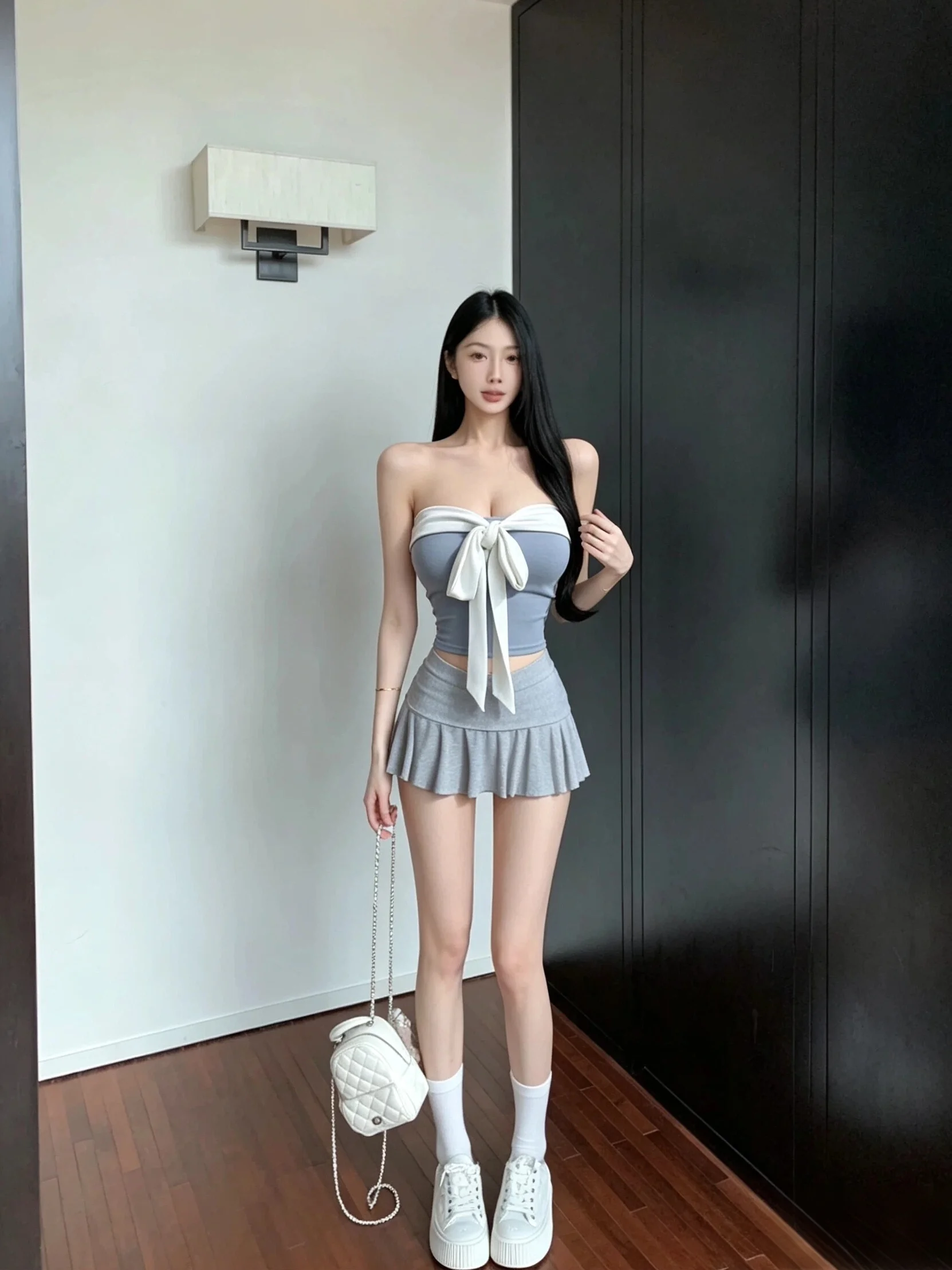 Summer Women's Knot Tube Top High Waist Skirt Two-Piece Set Gray Pure Desire Fashion Ensemble Casual Wear