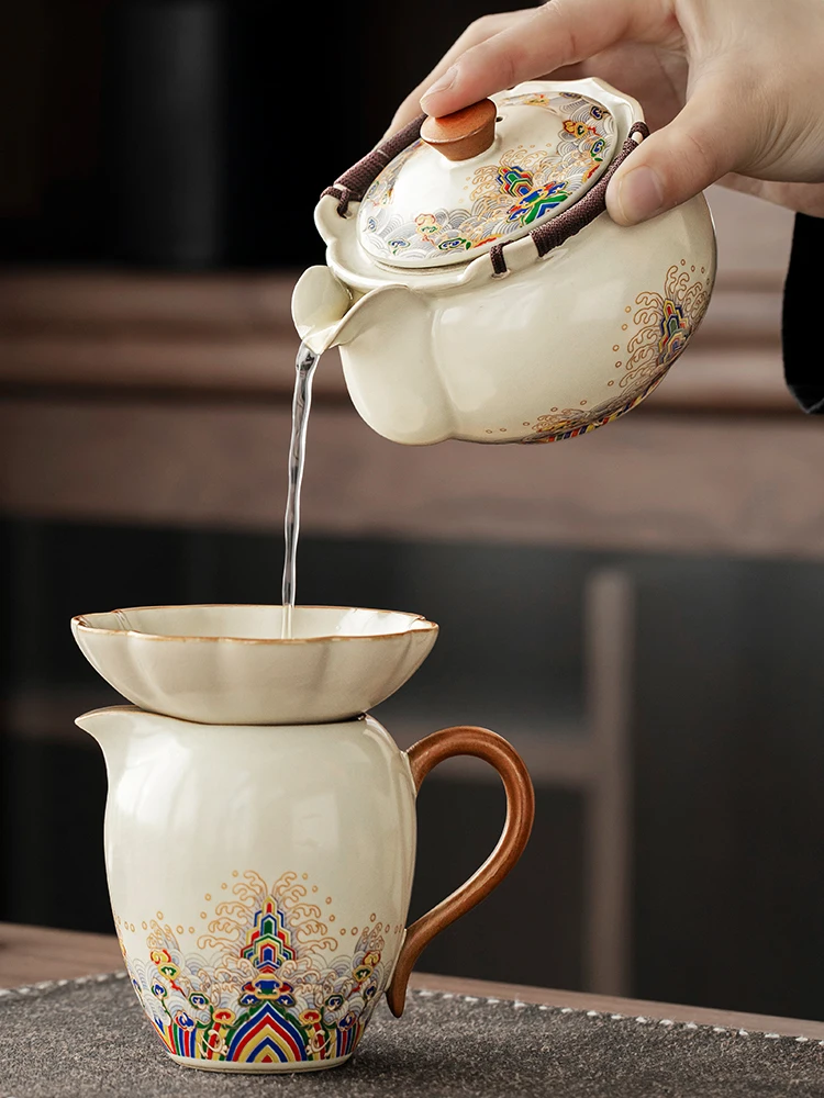 プレミアムハンドヘルドティーポットティーセット3点セット、功夫茶の淹れ方、高級セラミックティーポット、一人用茶道用