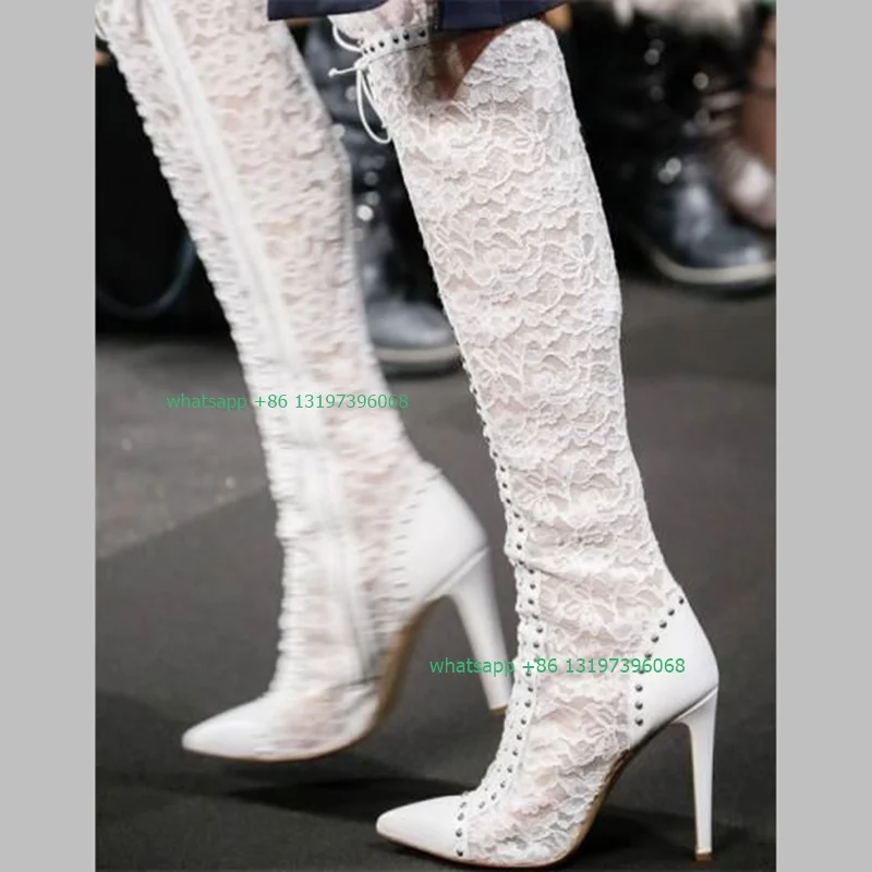 

Lady white lace-up cut-out design knee boots hollow party sexy elegant dress boots stiletto heel boots high heels pumps boots 46