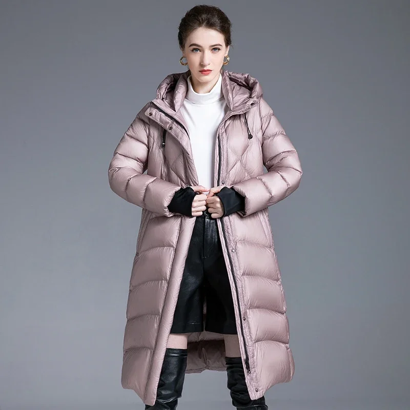 

2024 Winter New Down Jacket Female Long Section Hooded Slim Waist Puffer Jacket White Duck Down Thicken Warm Down Outwear