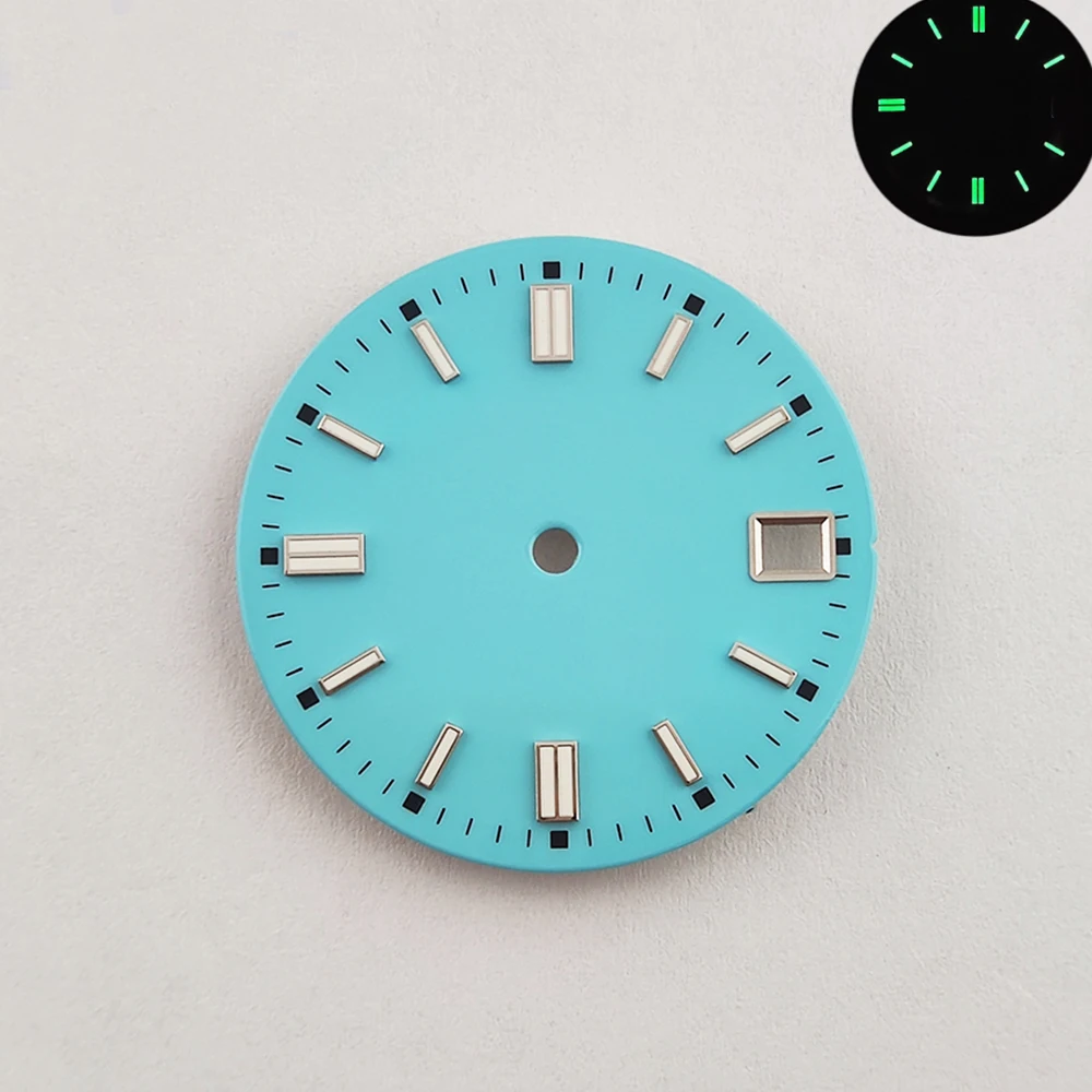 Esfera de reloj nh35 de 28,5mm, esfera de reloj luminosa verde, esfera estéril, logotipo personalizable, piezas de reloj para movimiento NH35/NH36