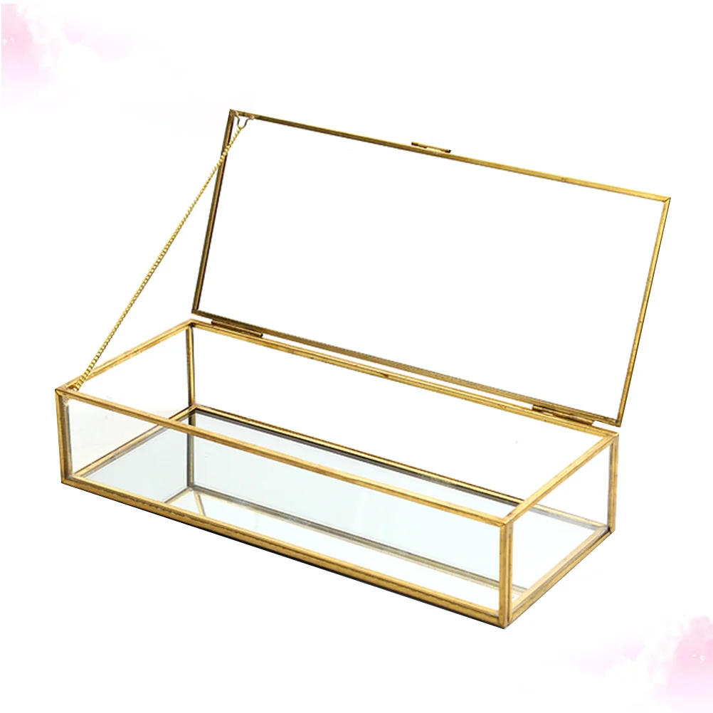Jewelry Glass Case Golden Trim Geometrical Shape Makeup Storage Box Wedding Favor Glass Jewelry Organizer Desktop Decor