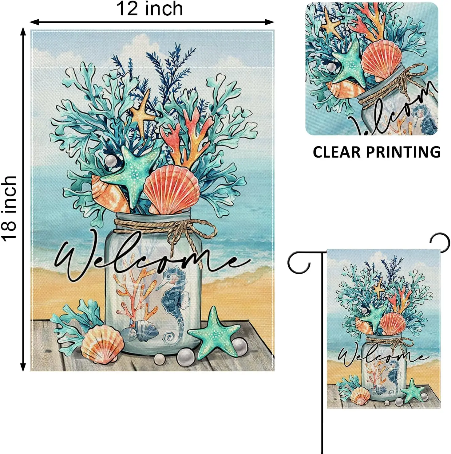 Welcome Summer Mason Jar Decorative Garden Flag, Beach Coastal Coral Starfish Shell Sea Horse Yard Outside Decorations, Naut SSL