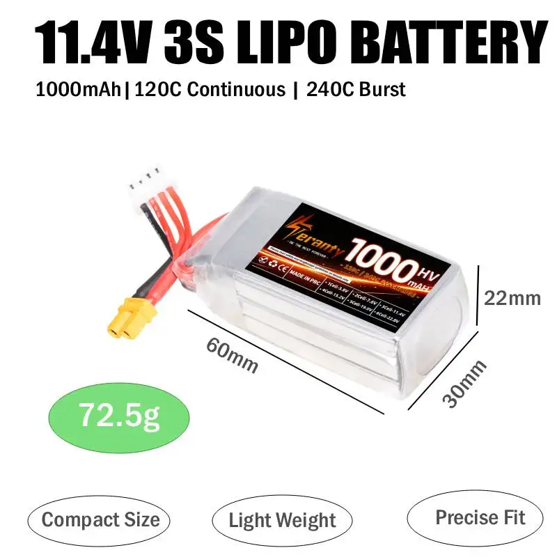 2/4Pcs Teranty HV 1000mAh 3S Lipo Battery 11.4V 120C for 3-4inch FPV Cinewhoop Drone RC Car RC Boat iFlight Alpha GEPRC Mark5