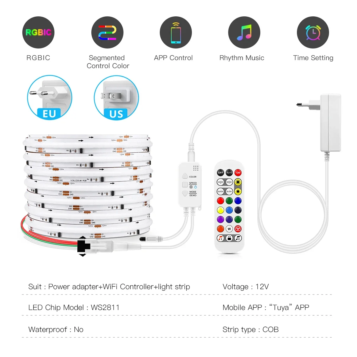 Tuya Wifi Intelligence RGB IC COB LED Strip Light 12V 24key Kit Remote Control 576LEDs/m High Density Linear Lights Flex Tape
