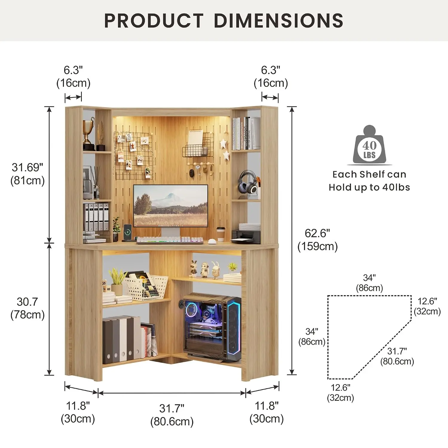 Corner Computer Desk With Hutch & Shelves & LED Light, Natural, Customized
