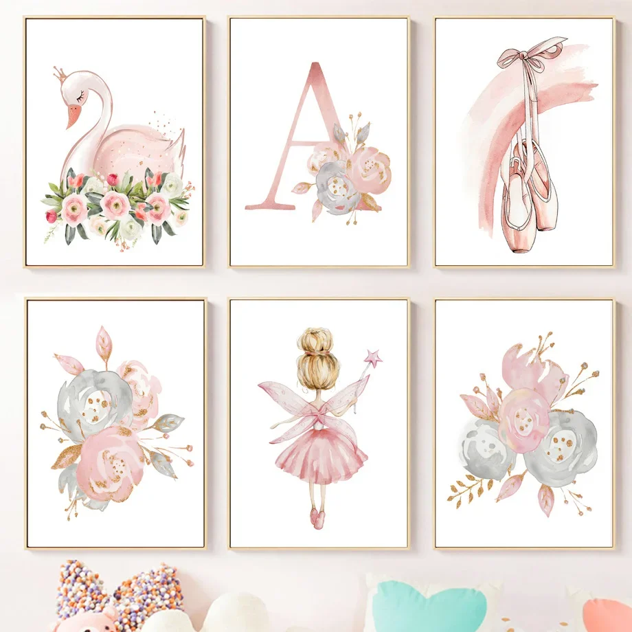 

Flower Swan Rabbit Ballet Girl Boho Rainbow Nursery Posters And Prints Wall Art Canvas Painting Wall Pictures Kids Room Decor