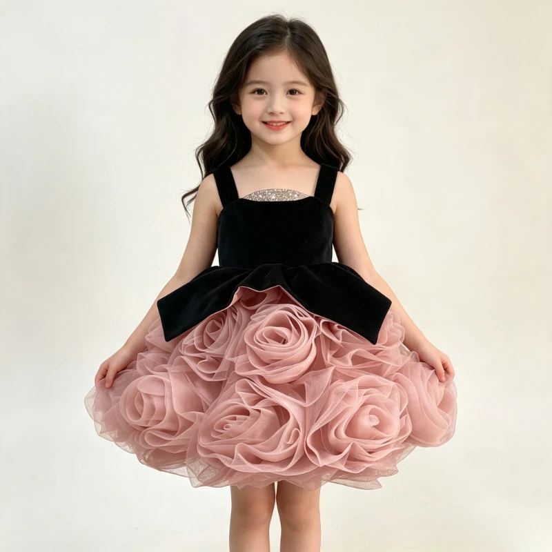 Children Girls Formal Princess Gown Birthday Party Wedding Flower Girl Piano Performance Tutu Big Bow Elegant Fashion Costume