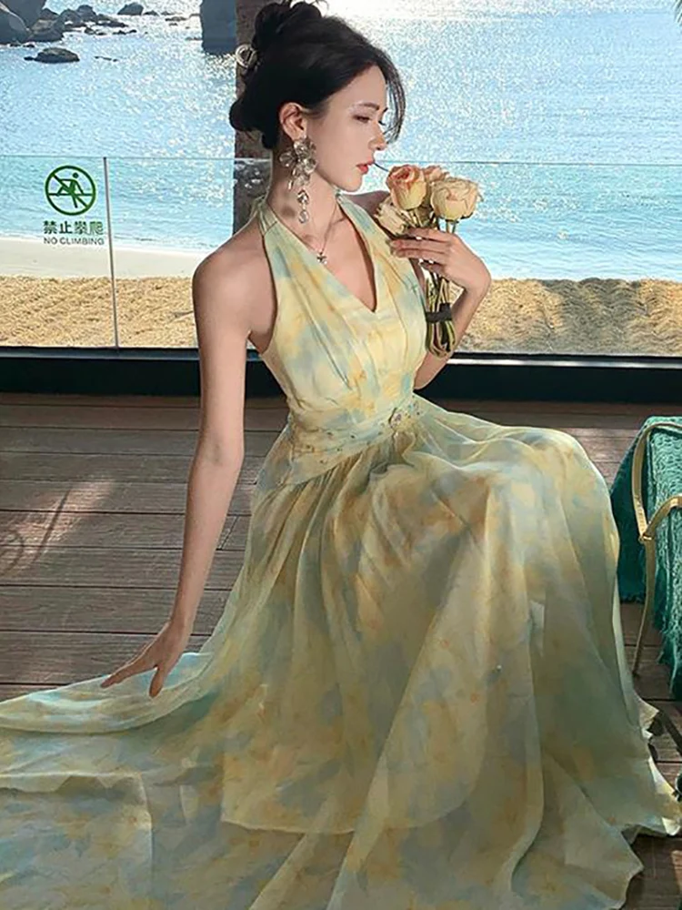 2025 Floral Chiffon Chic Diamonds Bow Neck-mounted Dress Women Elegant Beach Style Maxi Dress Summer Korean Bodycon Party Dress