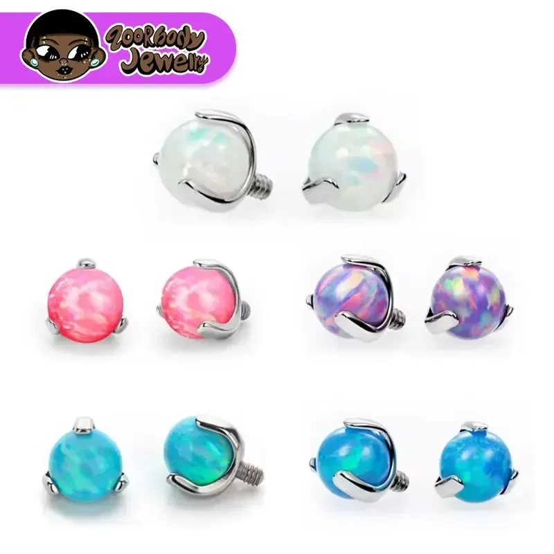 ASTM F136 Titanium 3 Prong Set Opal Ball Tops Internal Threaded Dermal Anchor Base Nipple Tongue Labret Piercing Jewelry Ends