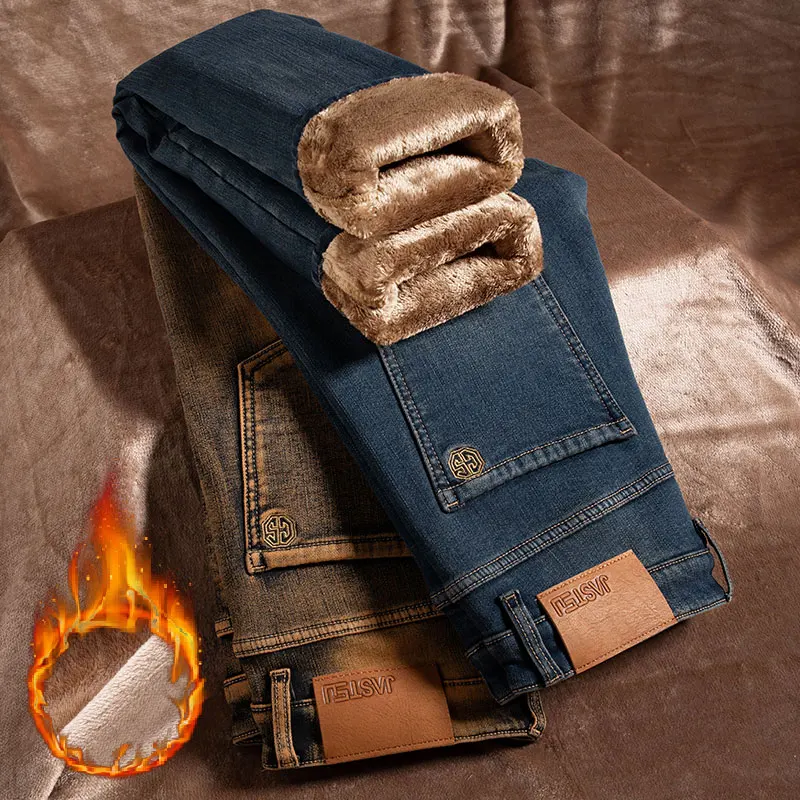 Winter Warm Fleece Jeans Men's Thick Thermal Casual Straight Denim Pants Male Business Work Stretch Trousers New Clothing