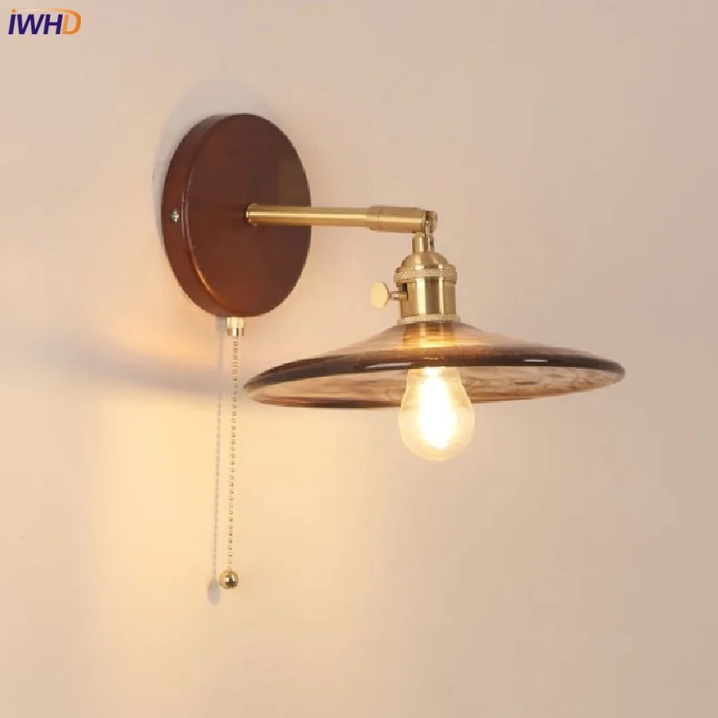 IWHD Wood Modern LED Wall Lamp Sconce Home Decor Balcony Foyer Bedroom Nordic Pull Chain Switch Copper Glass Stair Light Fixture