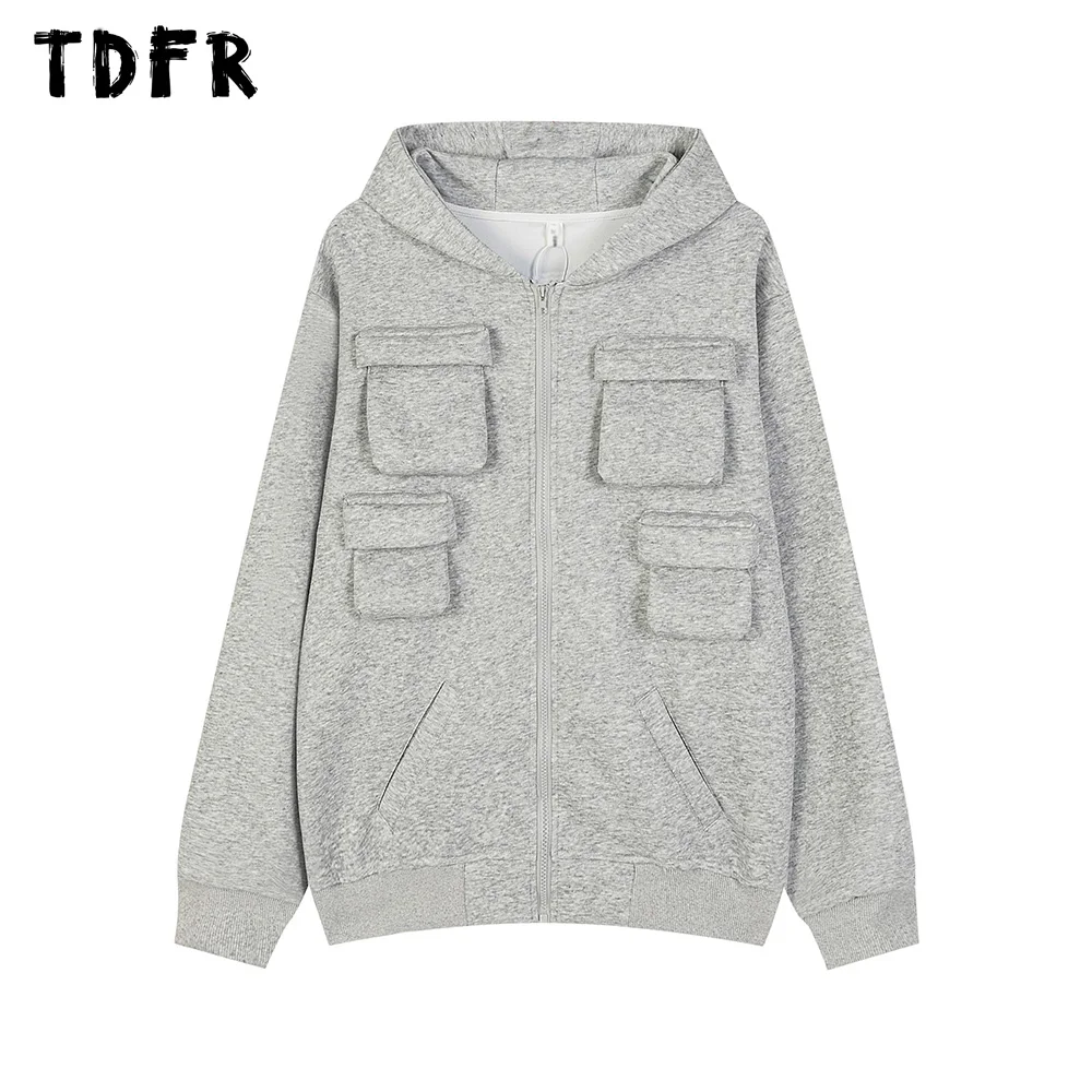 Pocket Zipper Fly Hoodies Mens Solid Color Autumn Casual Streetwear Loose Long Sleeve Hooded Sweatshirts Men Outerwear