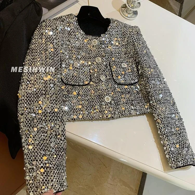 KUSAHIKI 2023 Autumn New Fashion Sequined Short Coat Korean Elegant Single Breasted O-neck Cardigan Tops Chic Blingbling Jackets