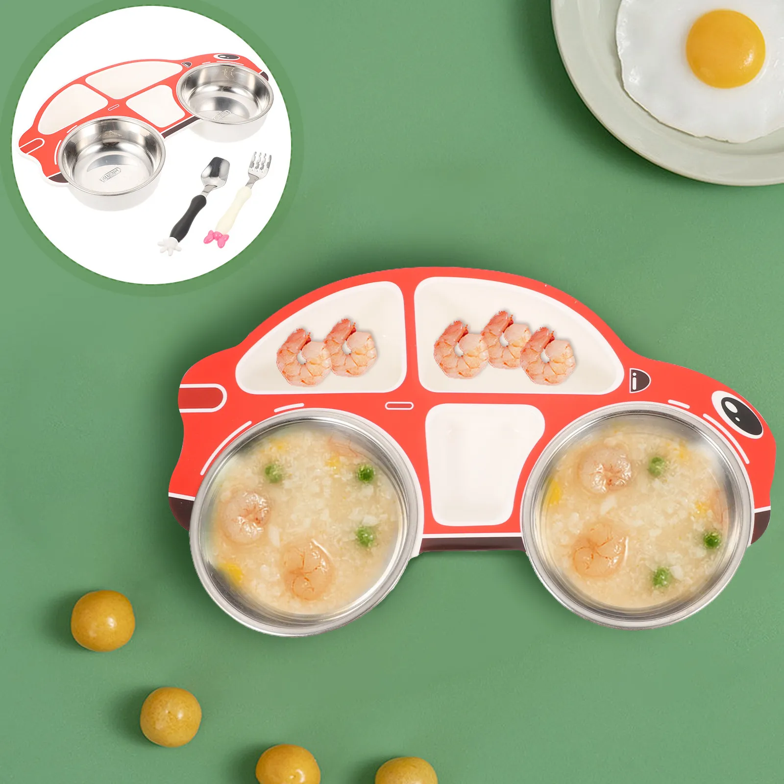 

1Set Kids Divided Food Plate Set with Spoon Fork Cartoon Car Shape Toddler Dinner Plate Dishwasher Safe Non Slip
