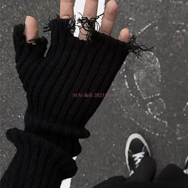 49ME قفازات محبوكة ممزقة سلسلة داكنة للجنسين قفازات متعثرة مع ألياف أكريليك ناعمة لأزياء الشارع الشهير والإكسسوارات