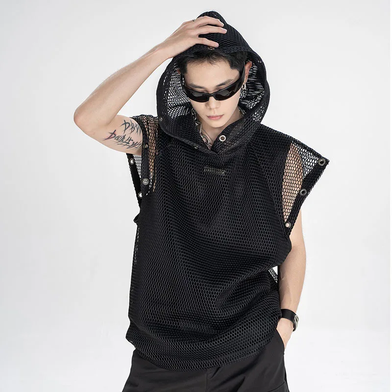 FEWQ Mesh Hooded Hollow Out  Loose Sleeveless Top 2024 Solid Color Hat Design Darkwear High Street Male Tops Fashion 24E1157