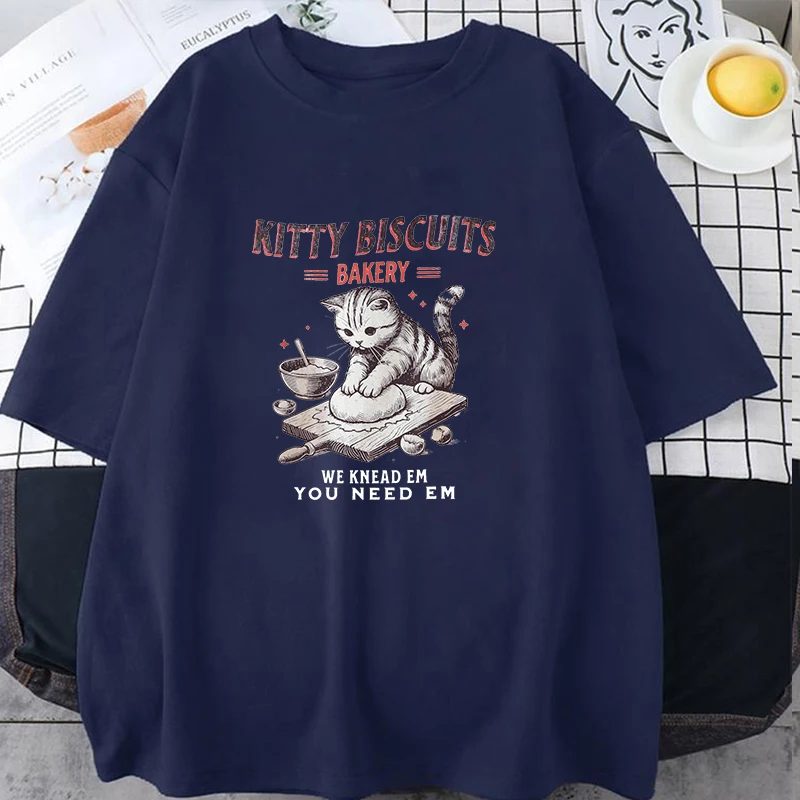 Kitty Biscuits Bakery Letter Printed Men Women T-shirts Cat Short Sleeve Shirts Summer Round Neck Tee Shirt Casual Funny Tops