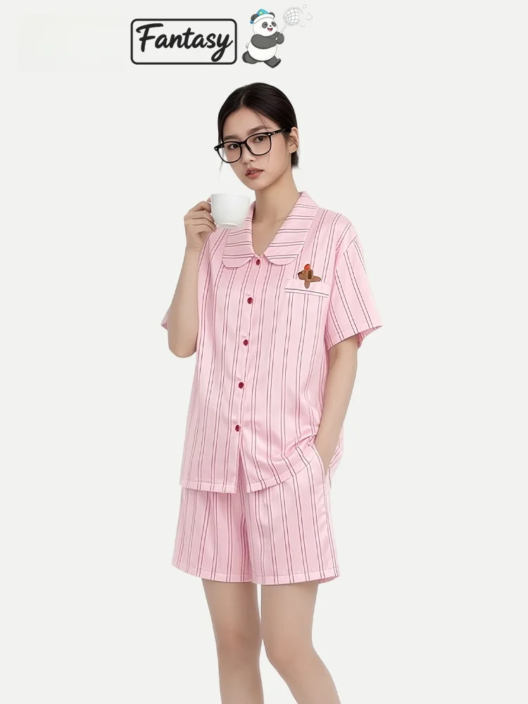 pyjama-d'ete-raye-pinkbread-pour-femme-en-soie-glacee-a-manches-courtes-vetements-d'interieur-doux-en-melange-de-polyester-a-sechage-rapide